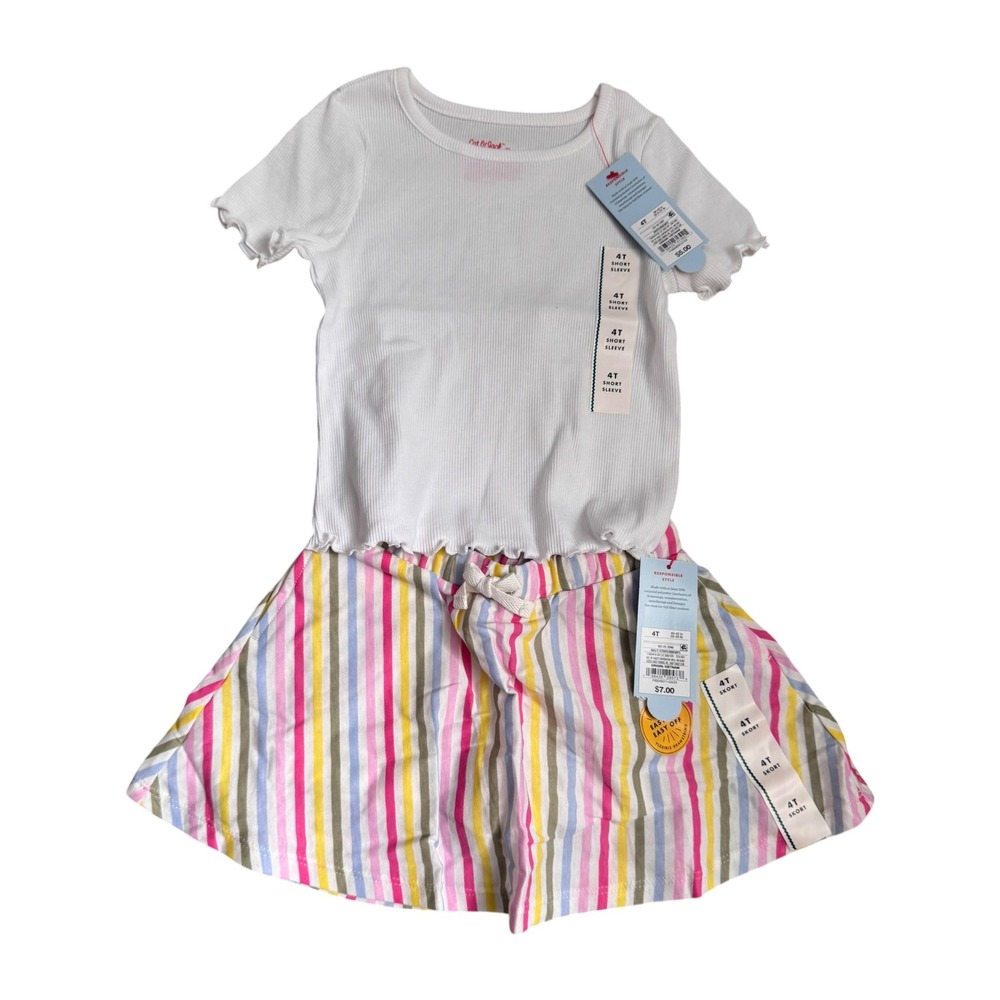 Cat & Jack Toddler Girls 4T White Ribbed‎ Ruffle Top & Rainbow Striped Skort NEW